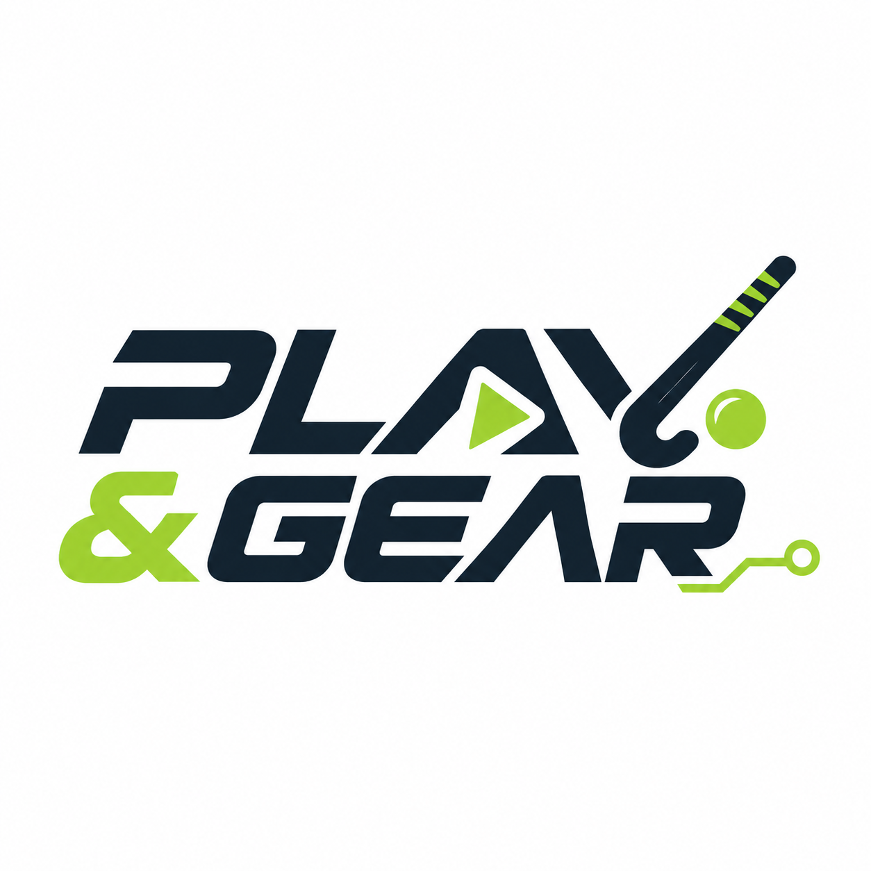 Play & Gear logo, sportief woordmerk met hockeystick